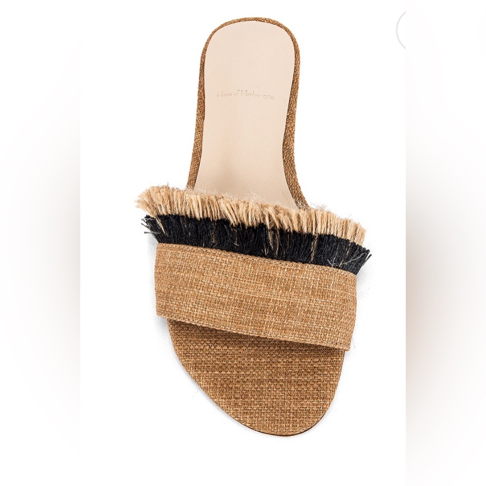 House of Harlow 1960 Tan Raffia Slide Sandals with Black Fringe